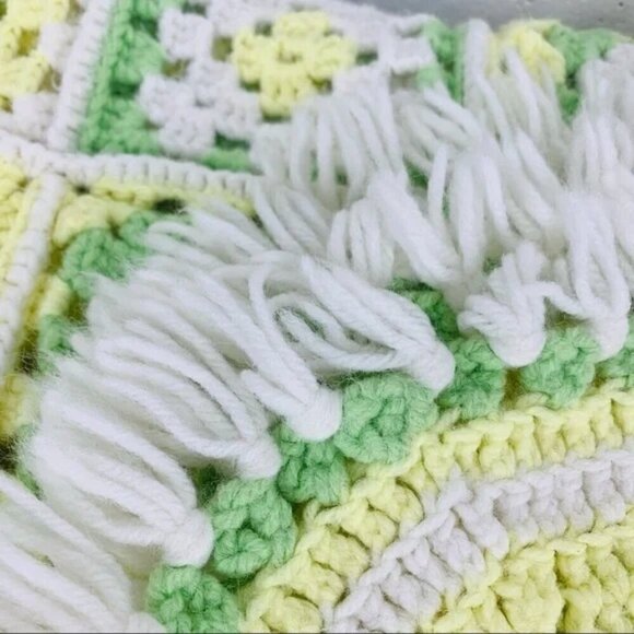 2 Vintage Hand Knit Pink Yellow Green Handmade Crochet Baby Blankets - Picture 9 of 15